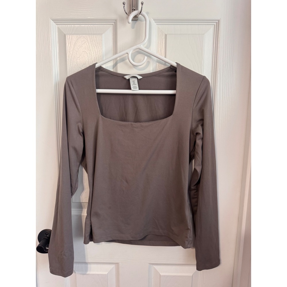 H&M Brown Square Neck Long Sleeve Fitted Top Women's Medium
